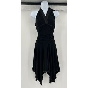 Taboo VTG Black Halter Dress Ruched Handkerchief Hem Satin Trim Y2K S Dark Fairy